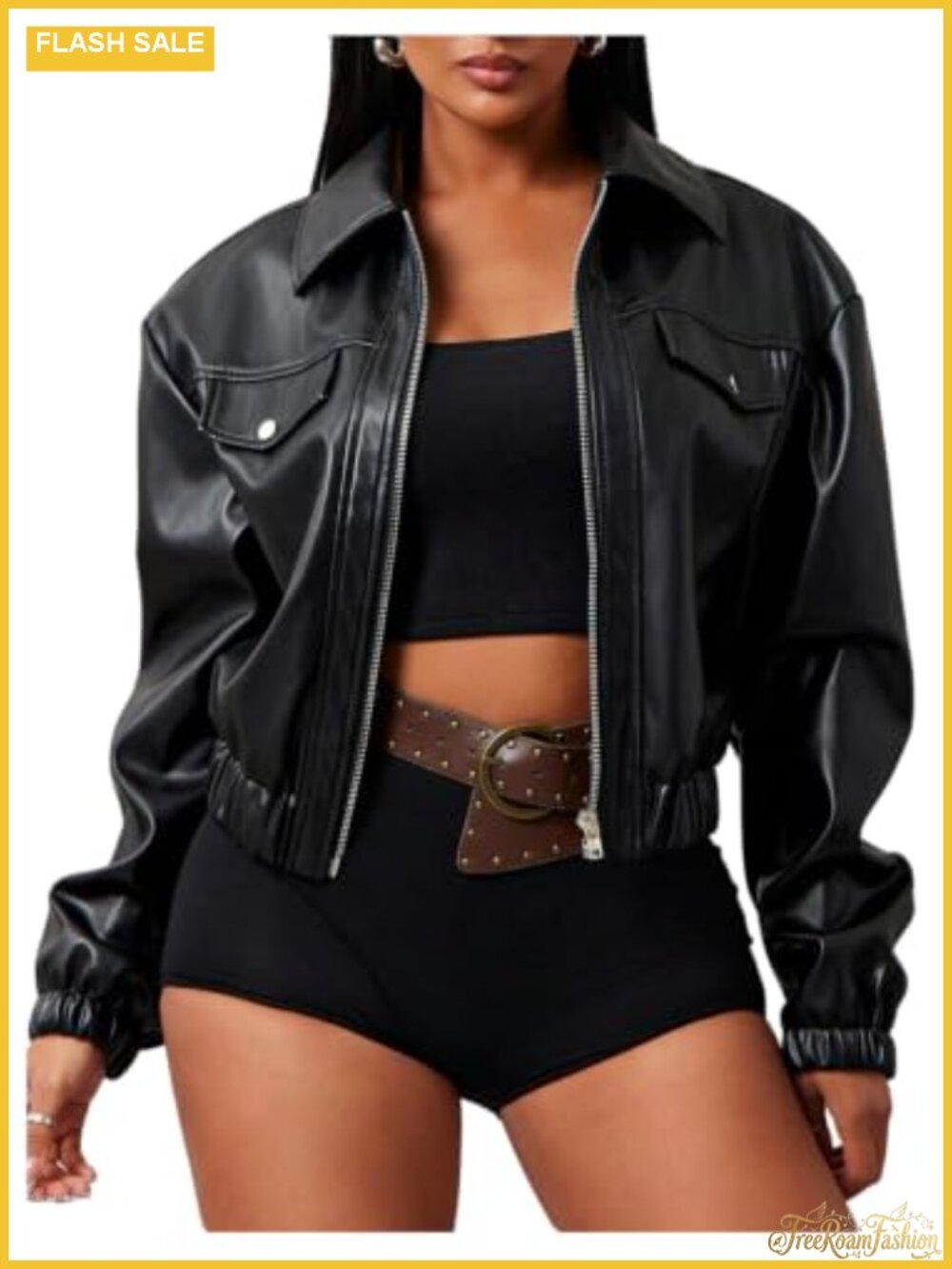 Faux Leather Moto Jacket Zip Up Biker Coat Loose Fit